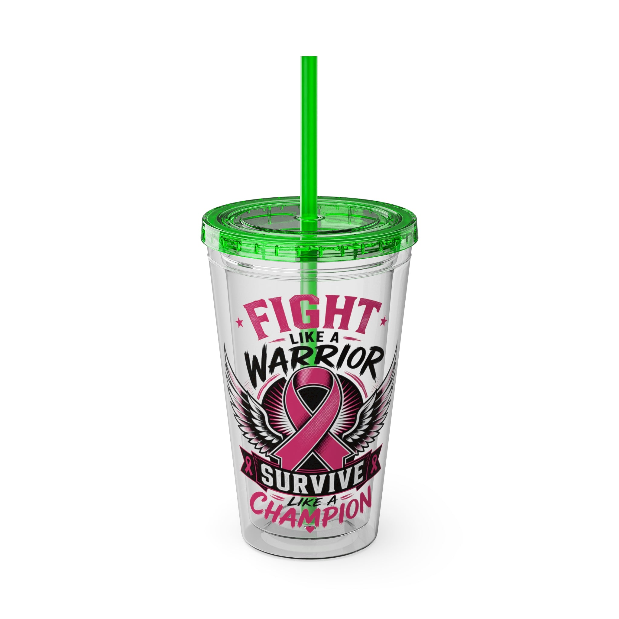 Fight Like a Warrior, Survive Like a Champion Breast Cancer Awareness 16oz Tumbler with Straw