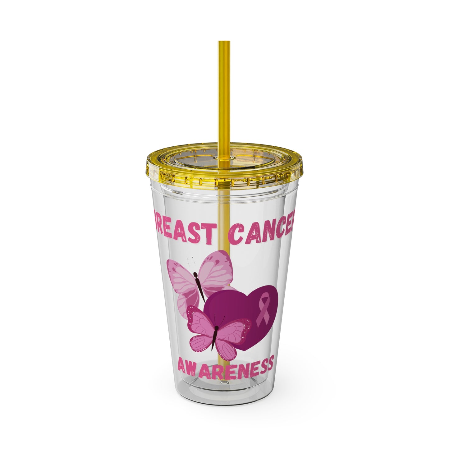 Breast Cancer Awareness 16oz Tumbler with Straw - Butterfly, Heart