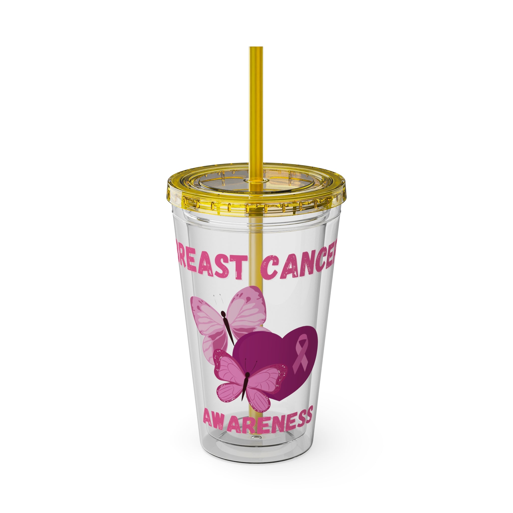 Breast Cancer Awareness 16oz Tumbler with Straw - Butterfly, Heart