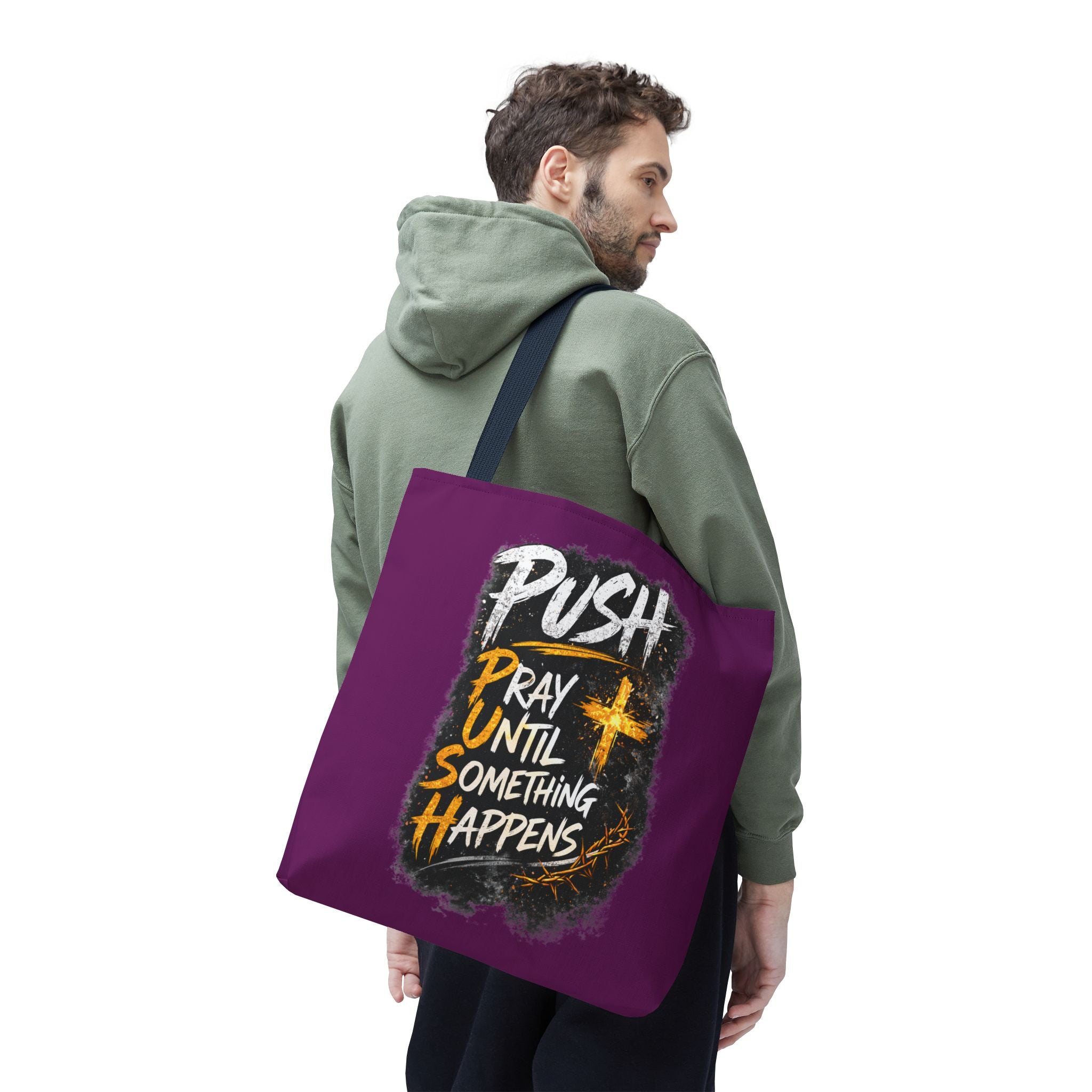 Push Pray Until Something Happens Purple Tote Bag