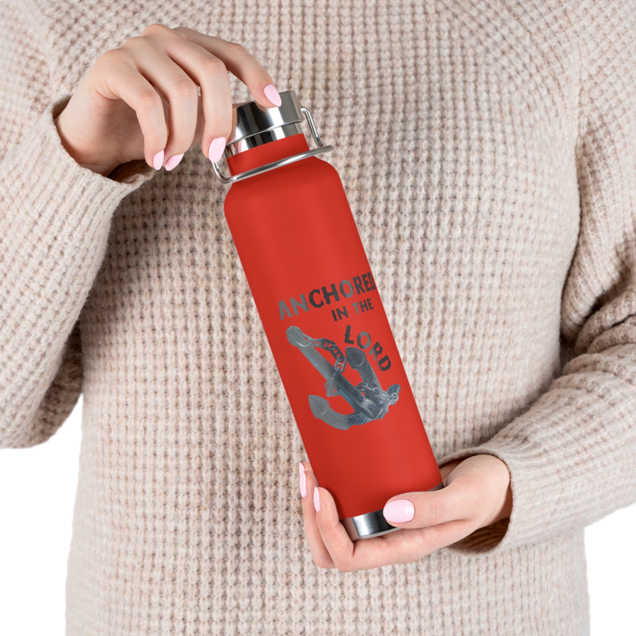 "Anchored in the Lord" 22oz Insulated Water Bottle — Black