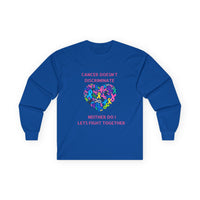 Cancer Awareness Long Sleeve Tee — "Cancer Doesn't Discriminate" Heart Ribbon
