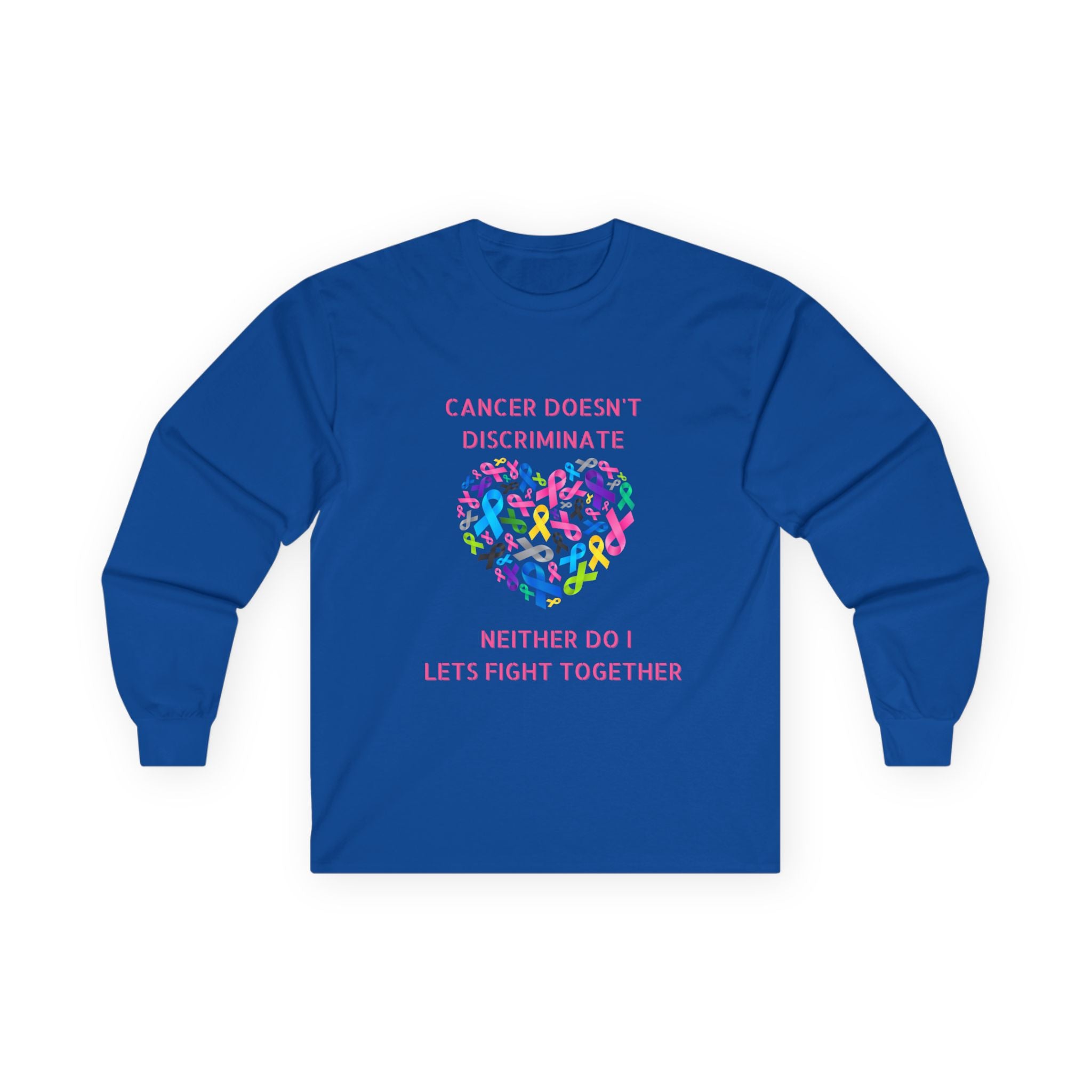 Cancer Awareness Long Sleeve Tee — "Cancer Doesn't Discriminate" Heart Ribbon