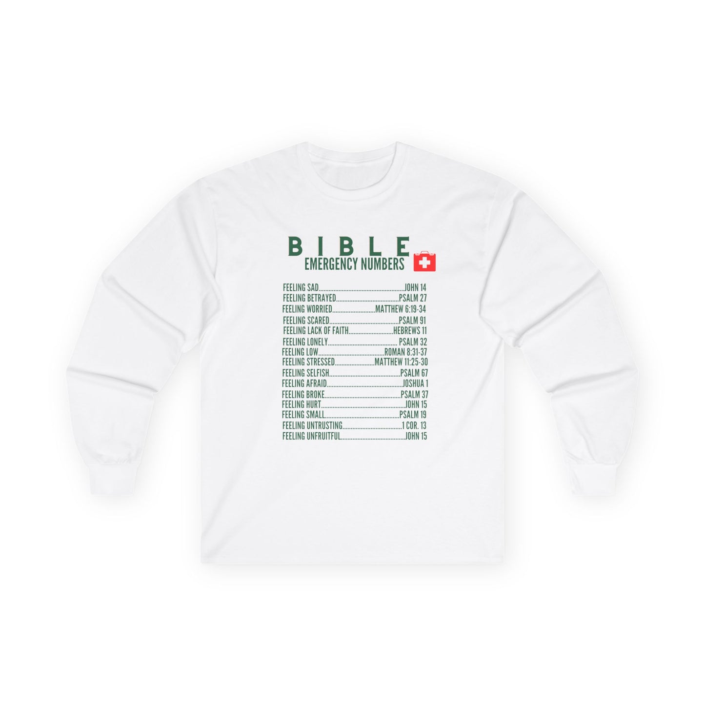 Bible Emergency Numbers Long Sleeve Tee - Green