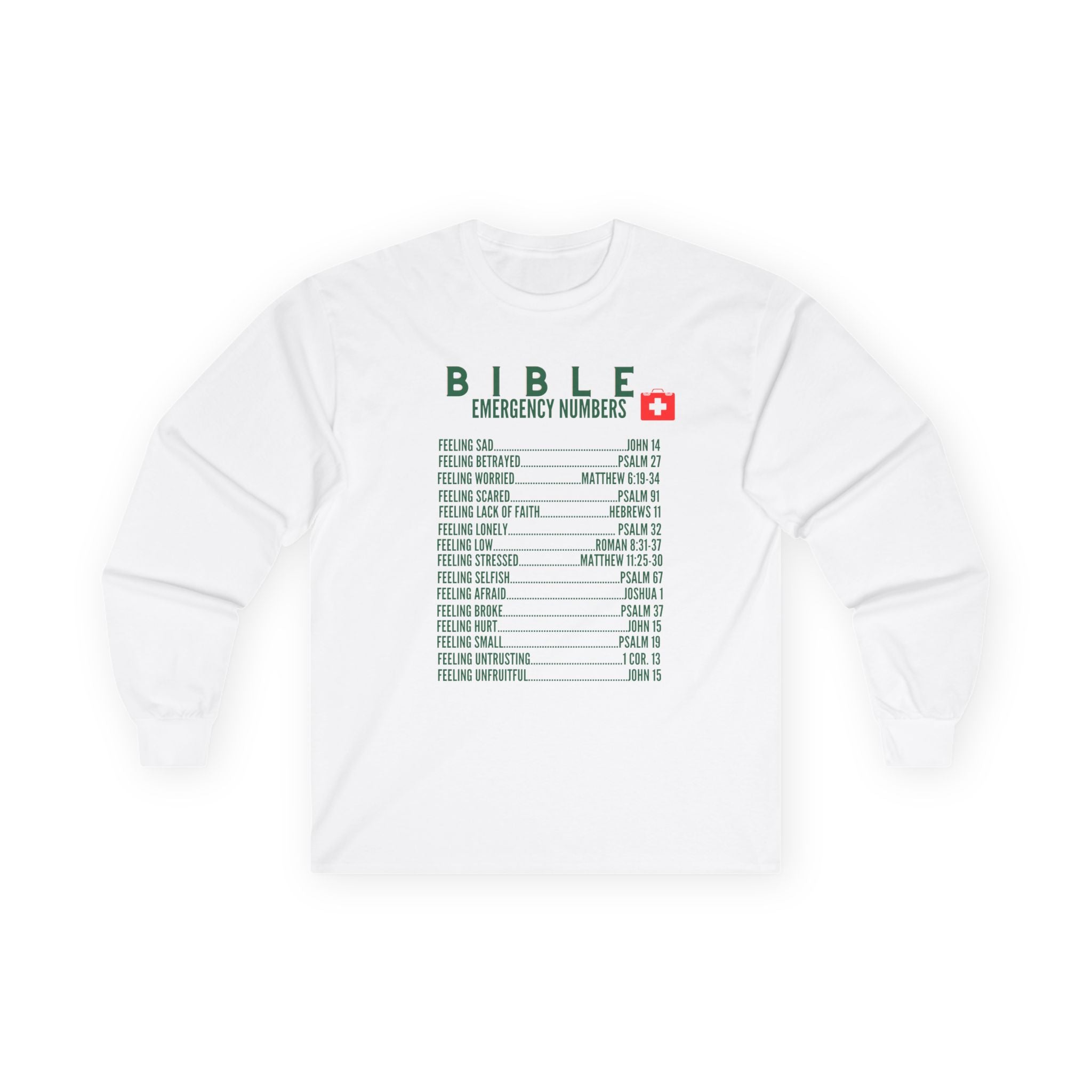 Bible Emergency Numbers Long Sleeve Tee - Green