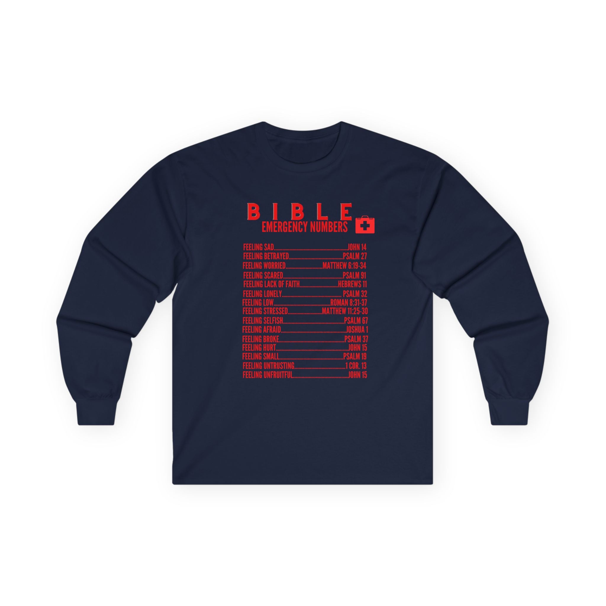 Bible Emergency Numbers Long Sleeve Tee - Red