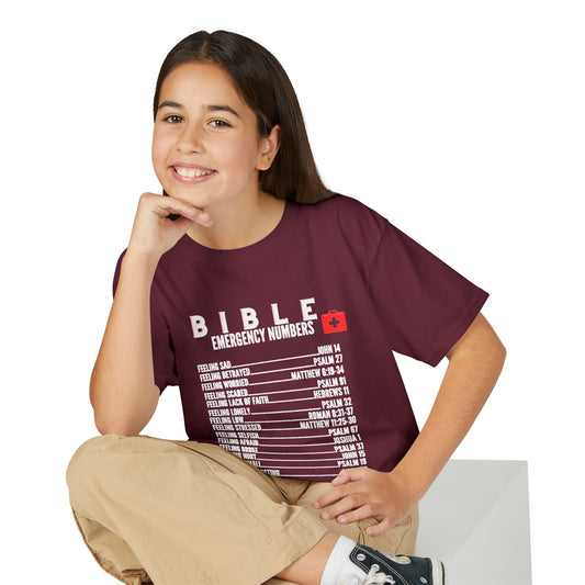 Bible Emergency Numbers Youth T-Shirt — White