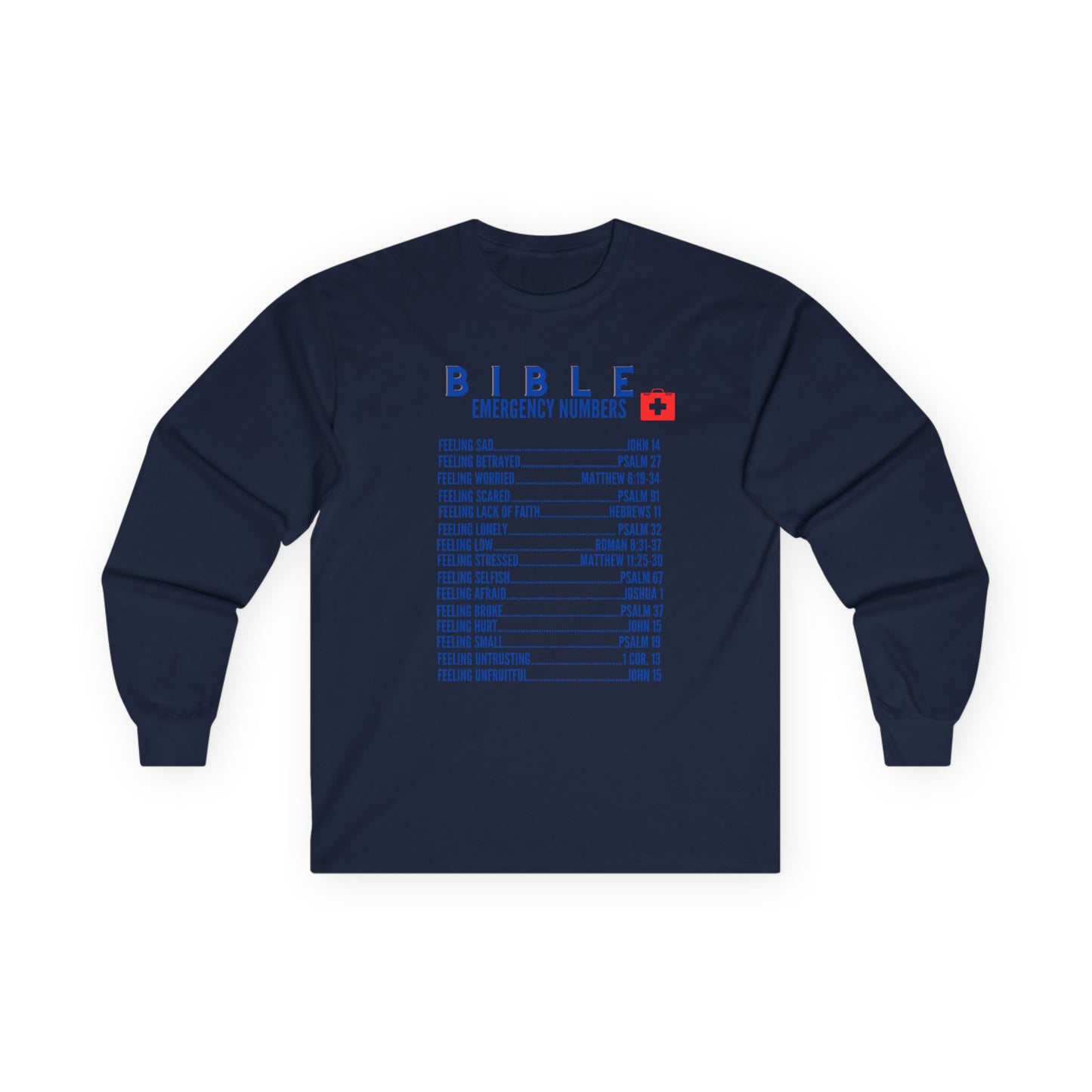 Bible Emergency Numbers Long Sleeve Tee - Blue