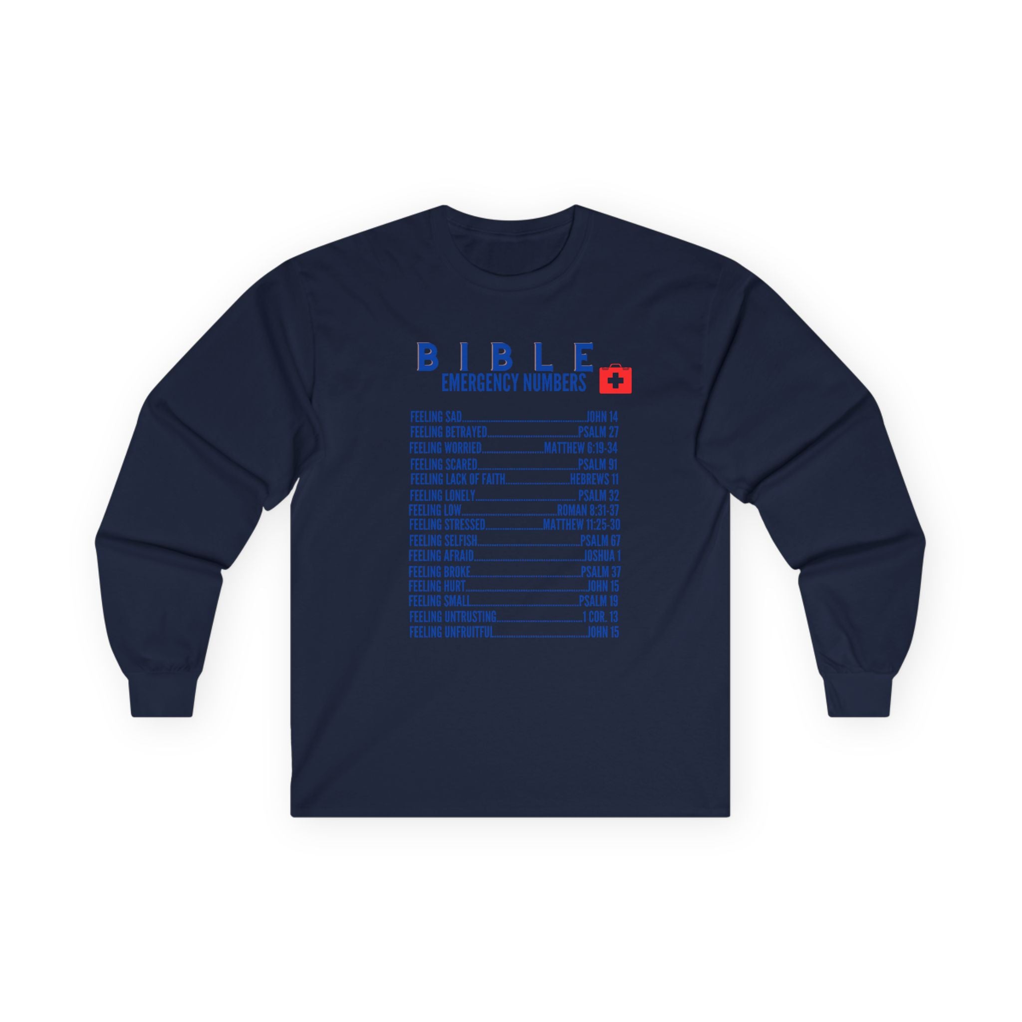 Bible Emergency Numbers Long Sleeve Tee - Blue