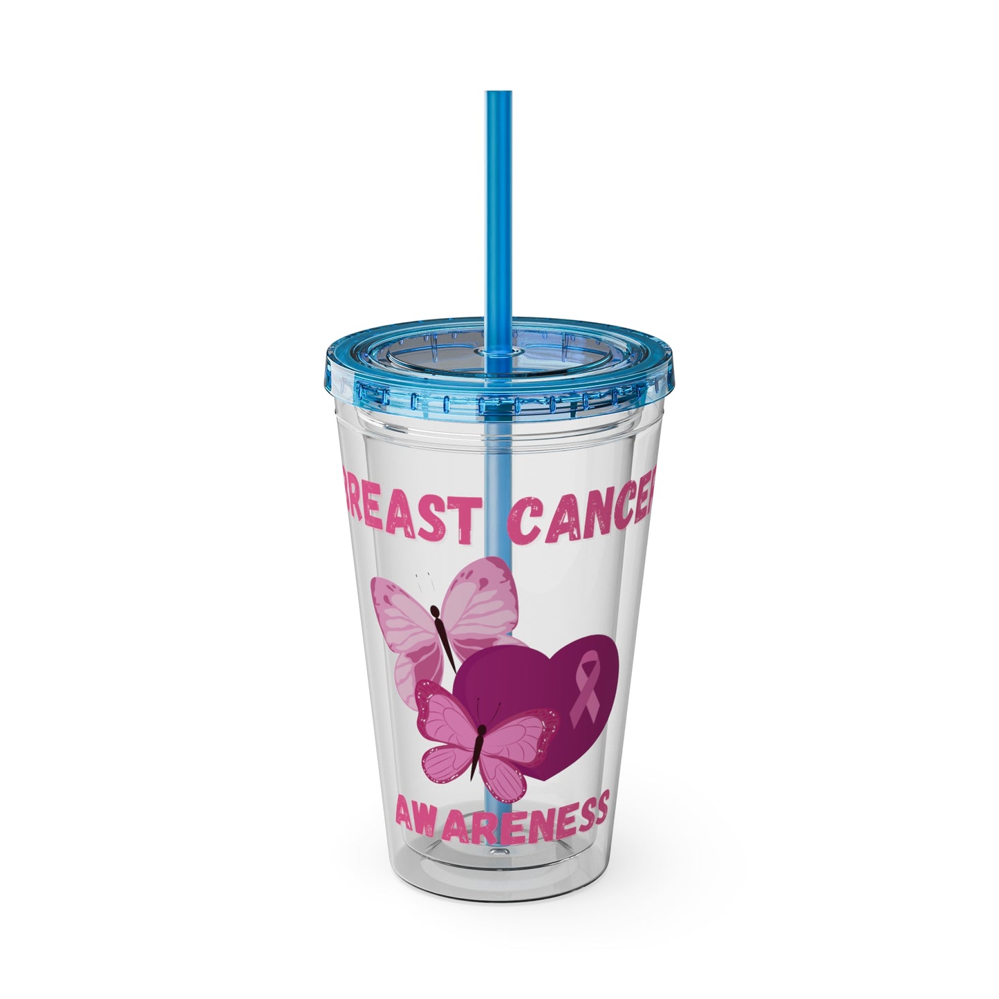 Breast Cancer Awareness 16oz Tumbler with Straw - Butterfly, Heart