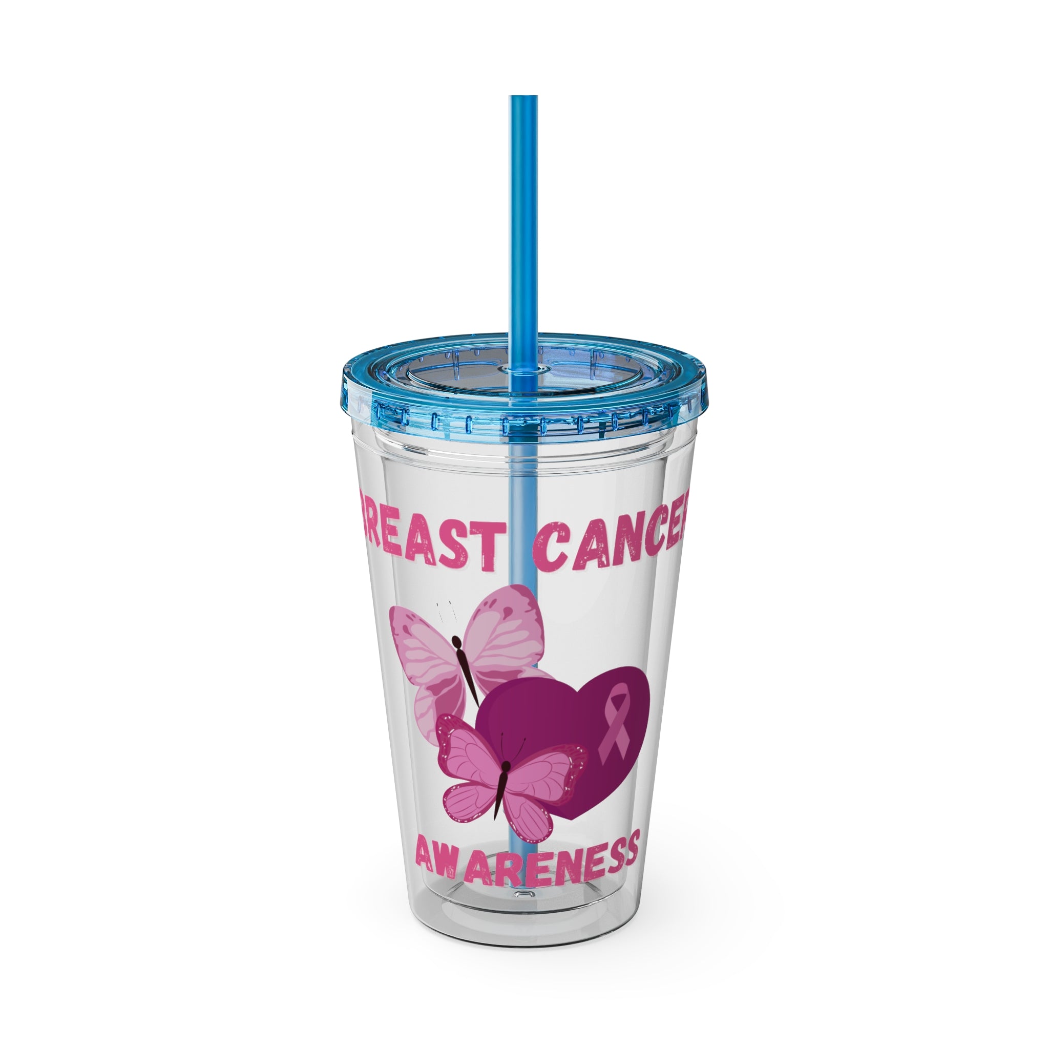 Breast Cancer Awareness 16oz Tumbler with Straw - Butterfly, Heart