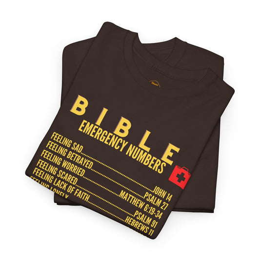 Bible Emergency Numbers Tee - Gold