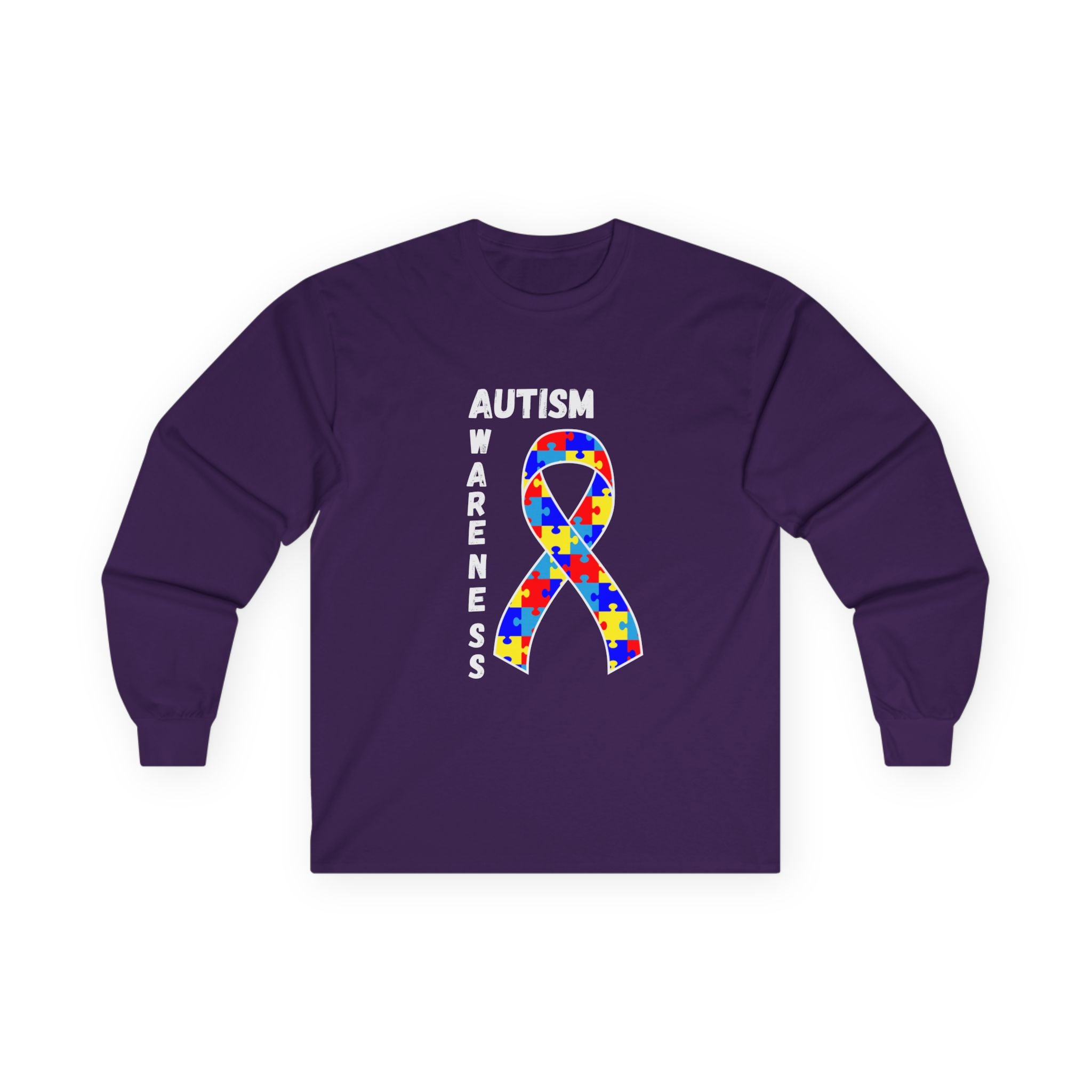 Autism Puzzle Ribbon Long Sleeve Tee — White