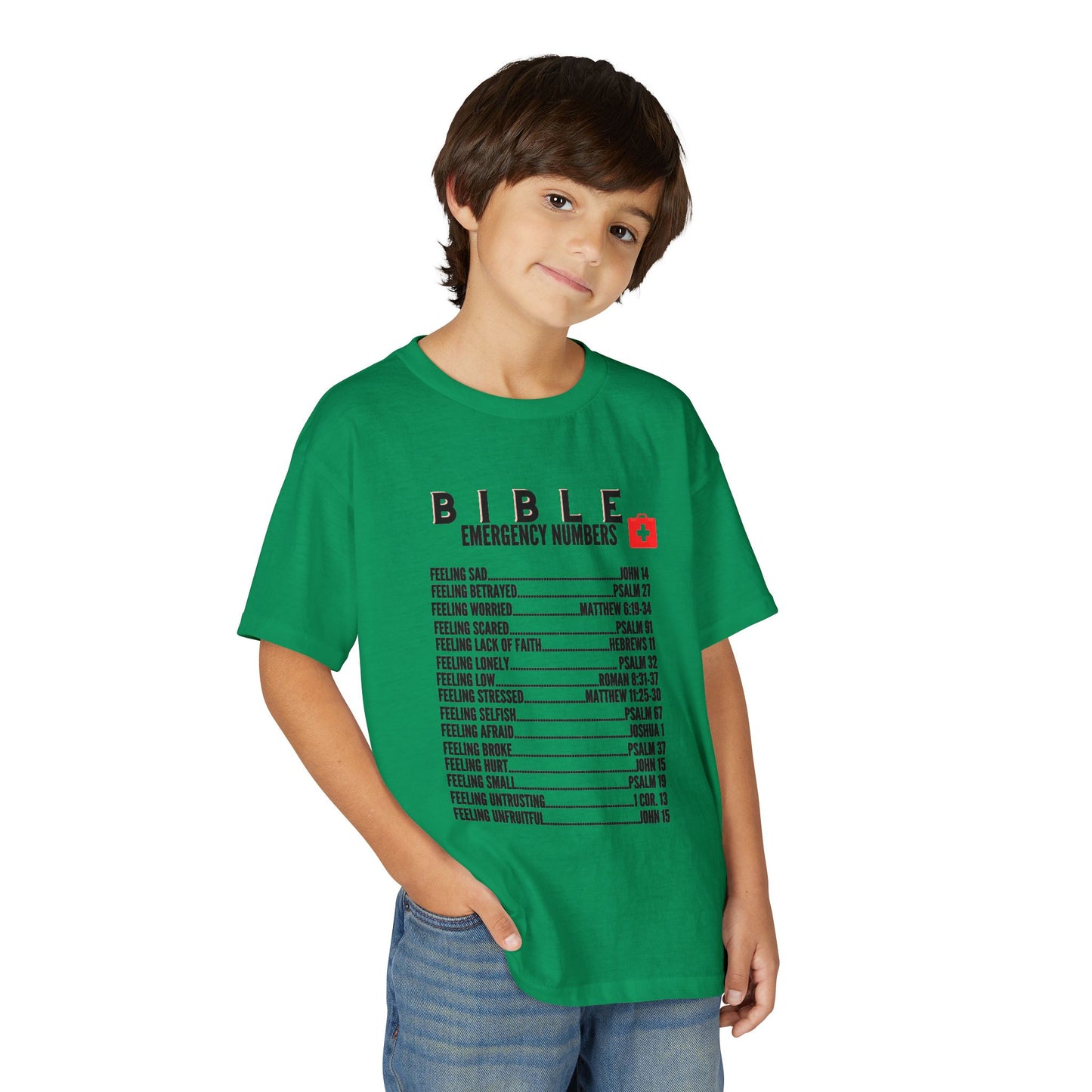 Bible Emergency Numbers Youth T-Shirt — Black