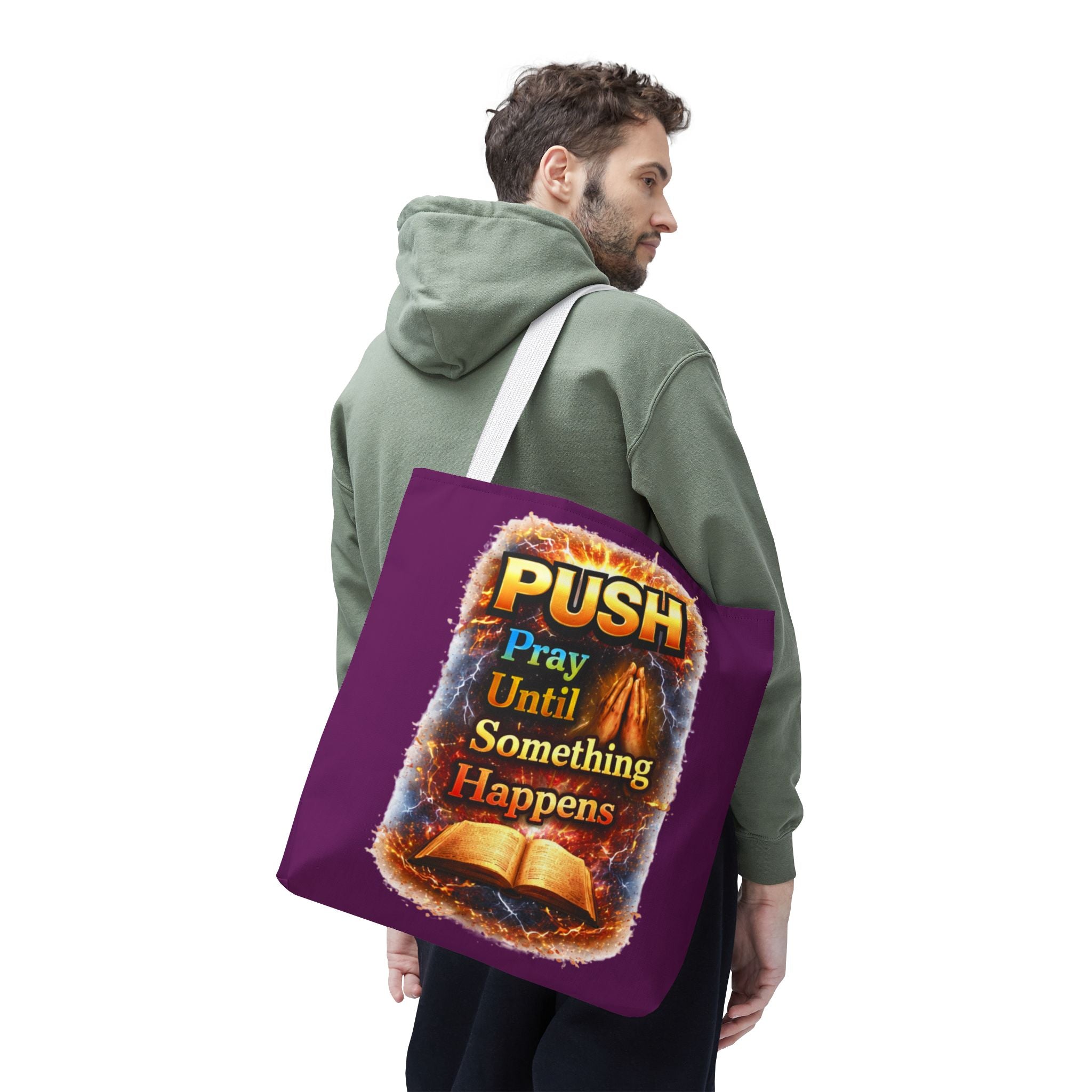 Push Pray Until Something Happens Purple Tote Bag - Bible