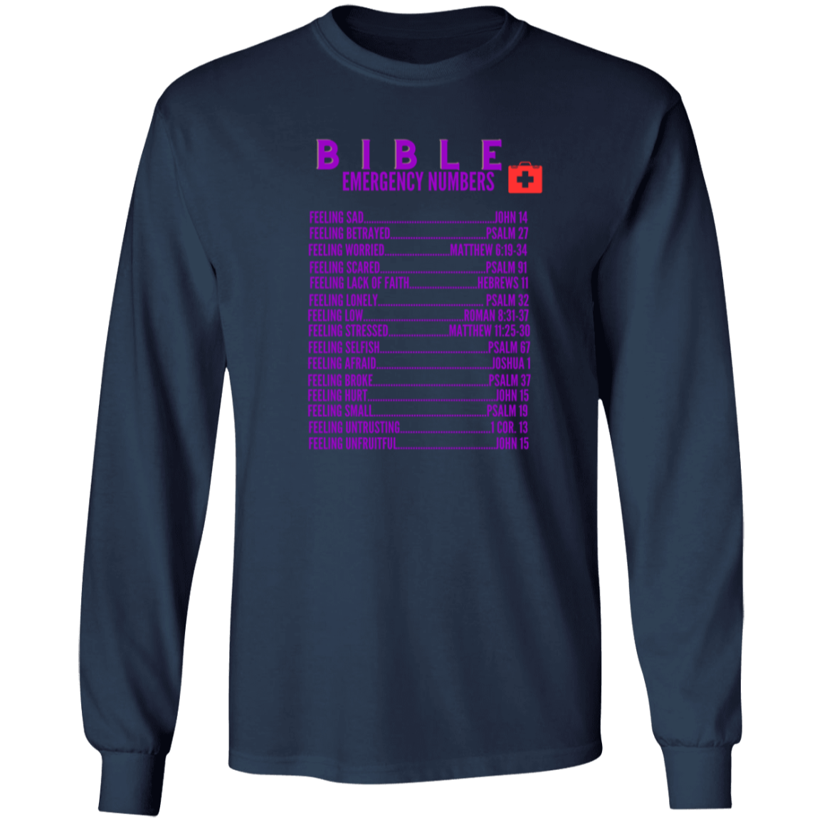 Emergency Bible Numbers Christian T-Shirt - Long Sleeve Purple