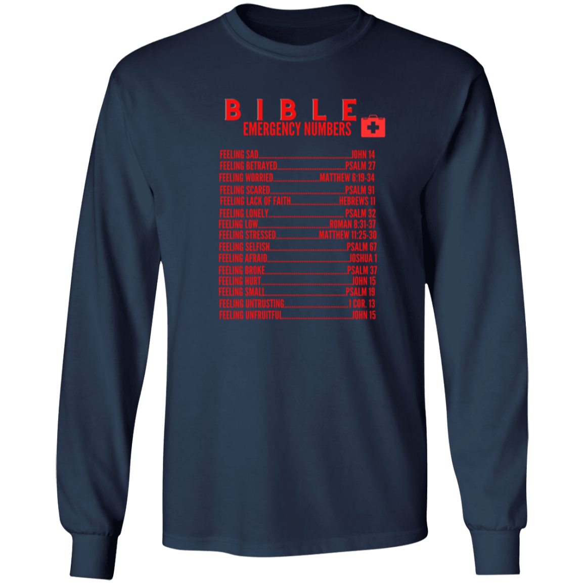 Emergency Bible Numbers Christian T-Shirt - Long Sleeve Red