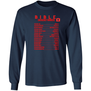 Emergency Bible Numbers Christian T-Shirt - Long Sleeve Red