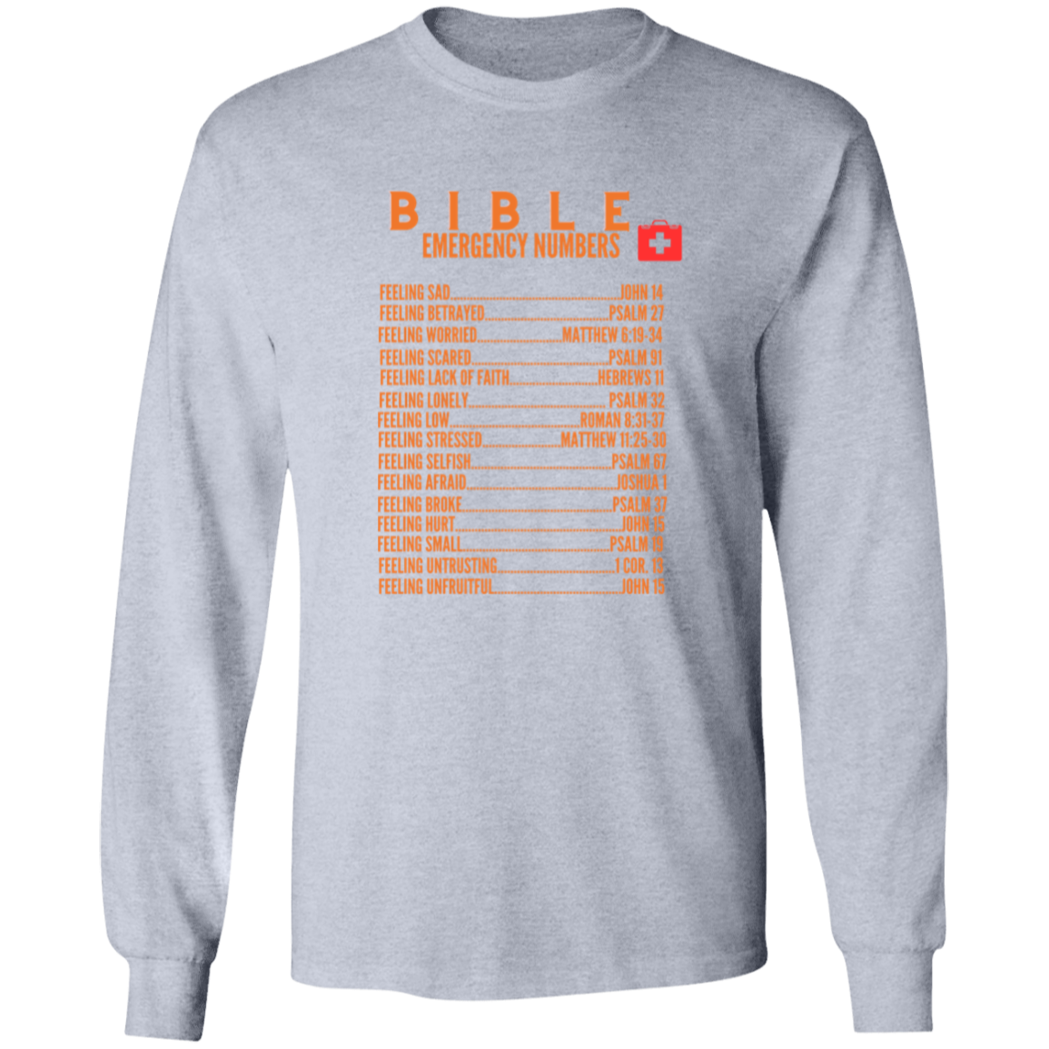 Emergency Bible Numbers Christian T-Shirt - Long Sleeve Orange