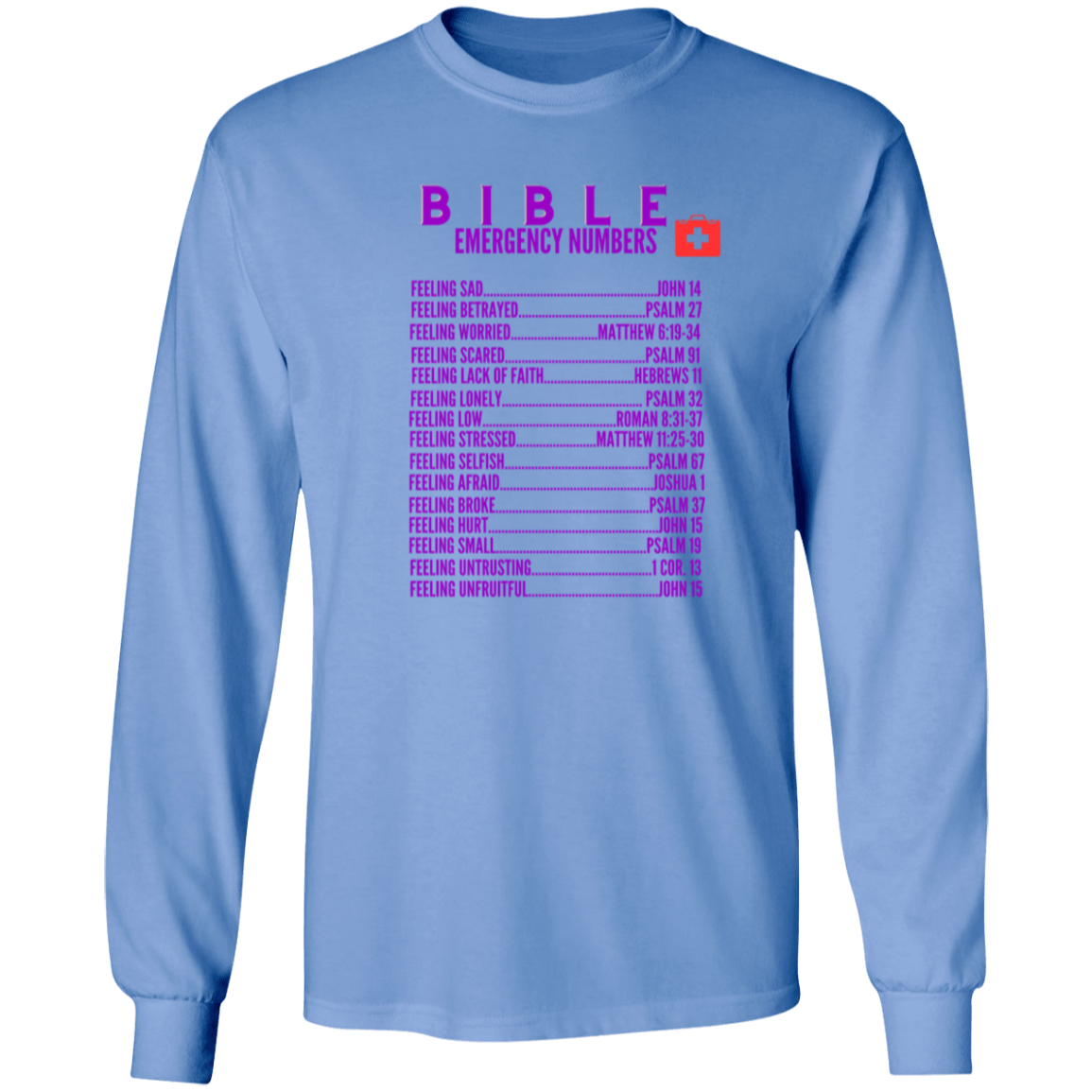 Emergency Bible Numbers Christian T-Shirt - Long Sleeve Purple