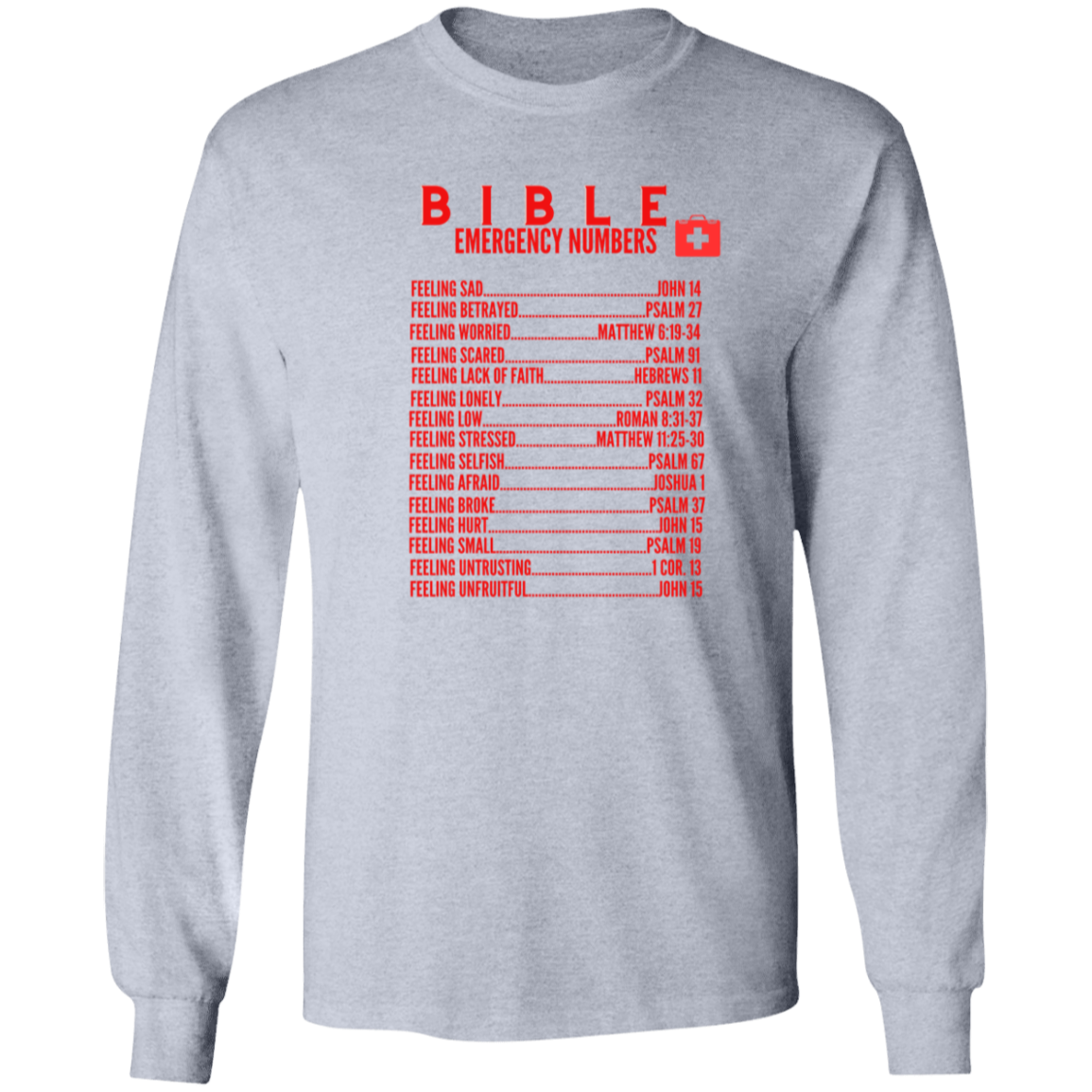 Emergency Bible Numbers Christian T-Shirt - Long Sleeve Red