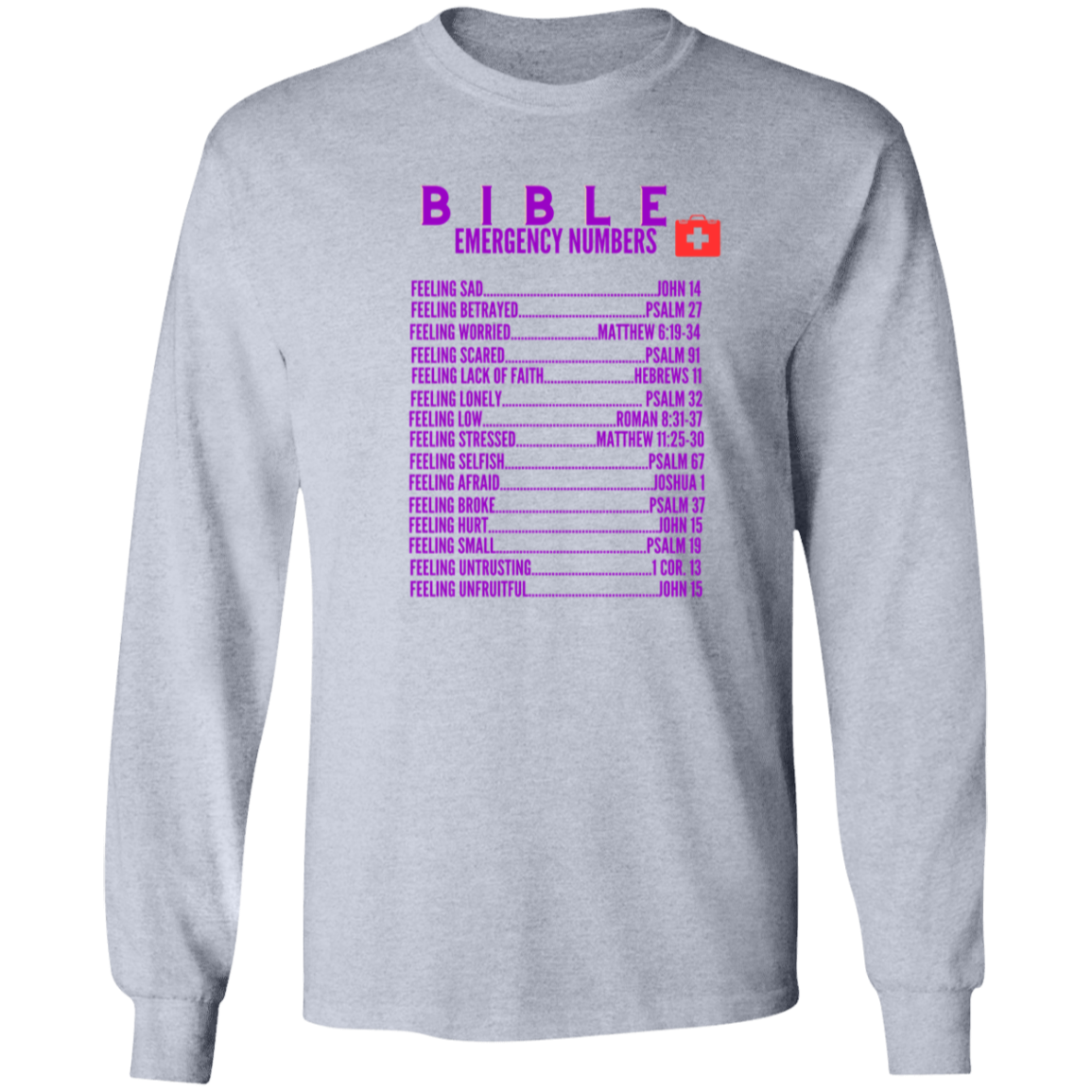 Emergency Bible Numbers Christian T-Shirt - Long Sleeve Purple