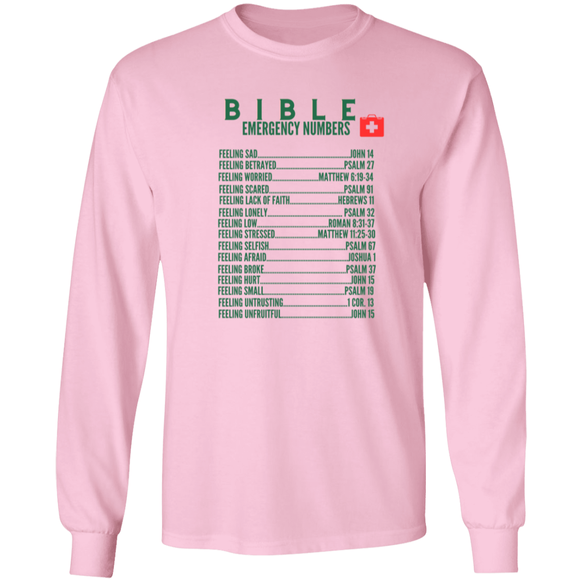 Emergency Bible Numbers Christian T-Shirt - Long Sleeve Green