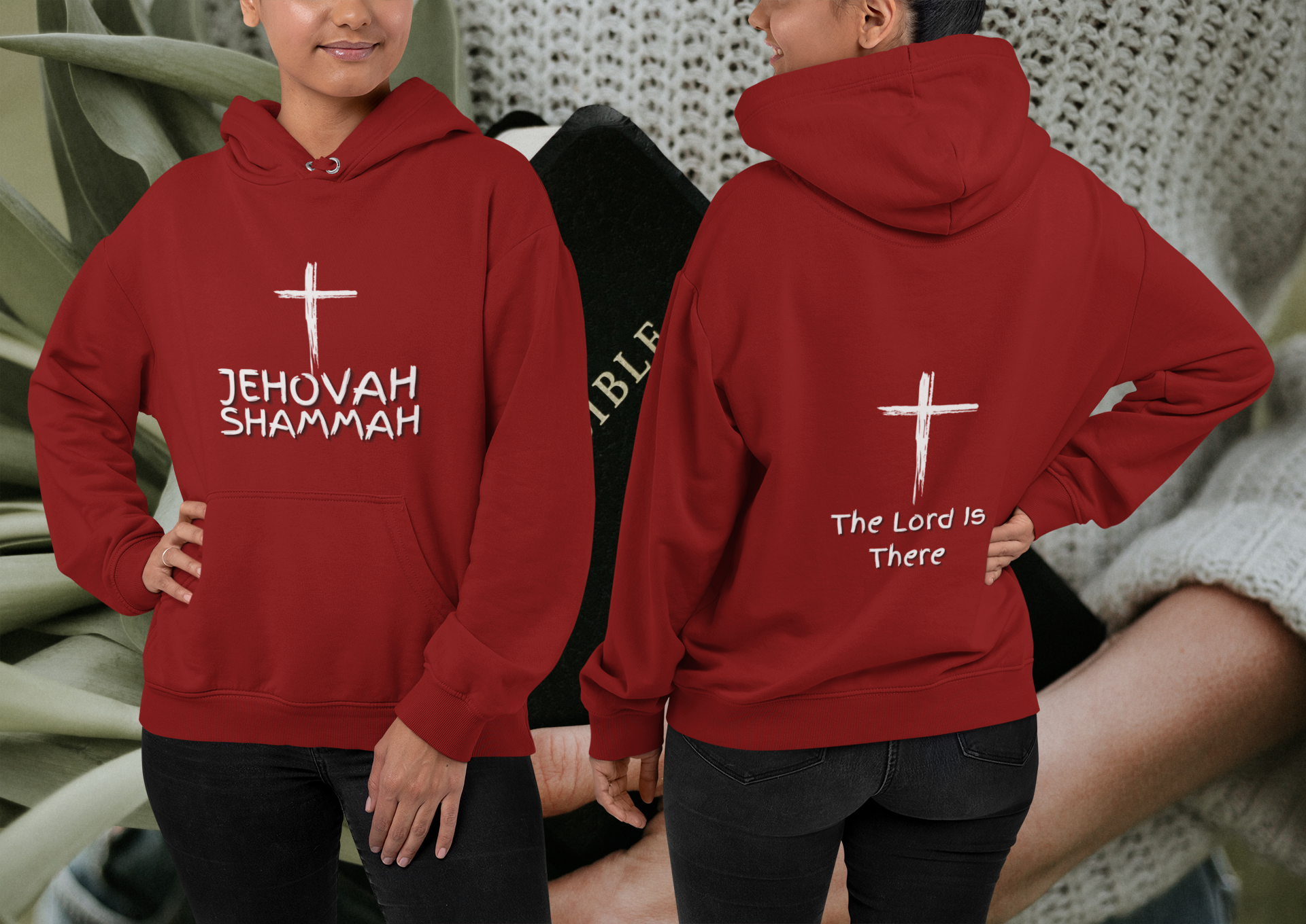 Jehovah Shammah Pullover Hoodie Front & Back - White