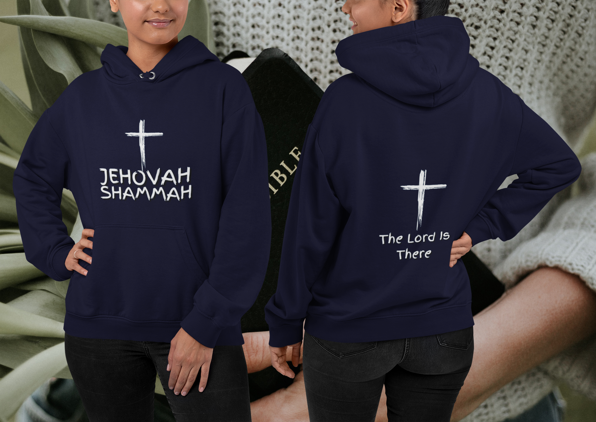 Jehovah Shammah Pullover Hoodie Front & Back - White