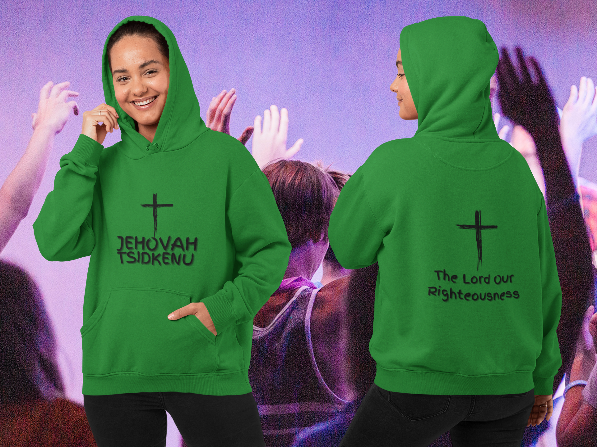 Jehovah Tsidkenu Pullover Hoodie Front & Back - Black