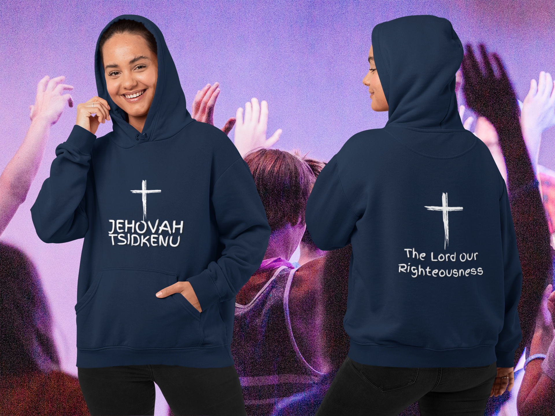 Jehovah Tsidkenu Pullover Hoodie Front & Back - White