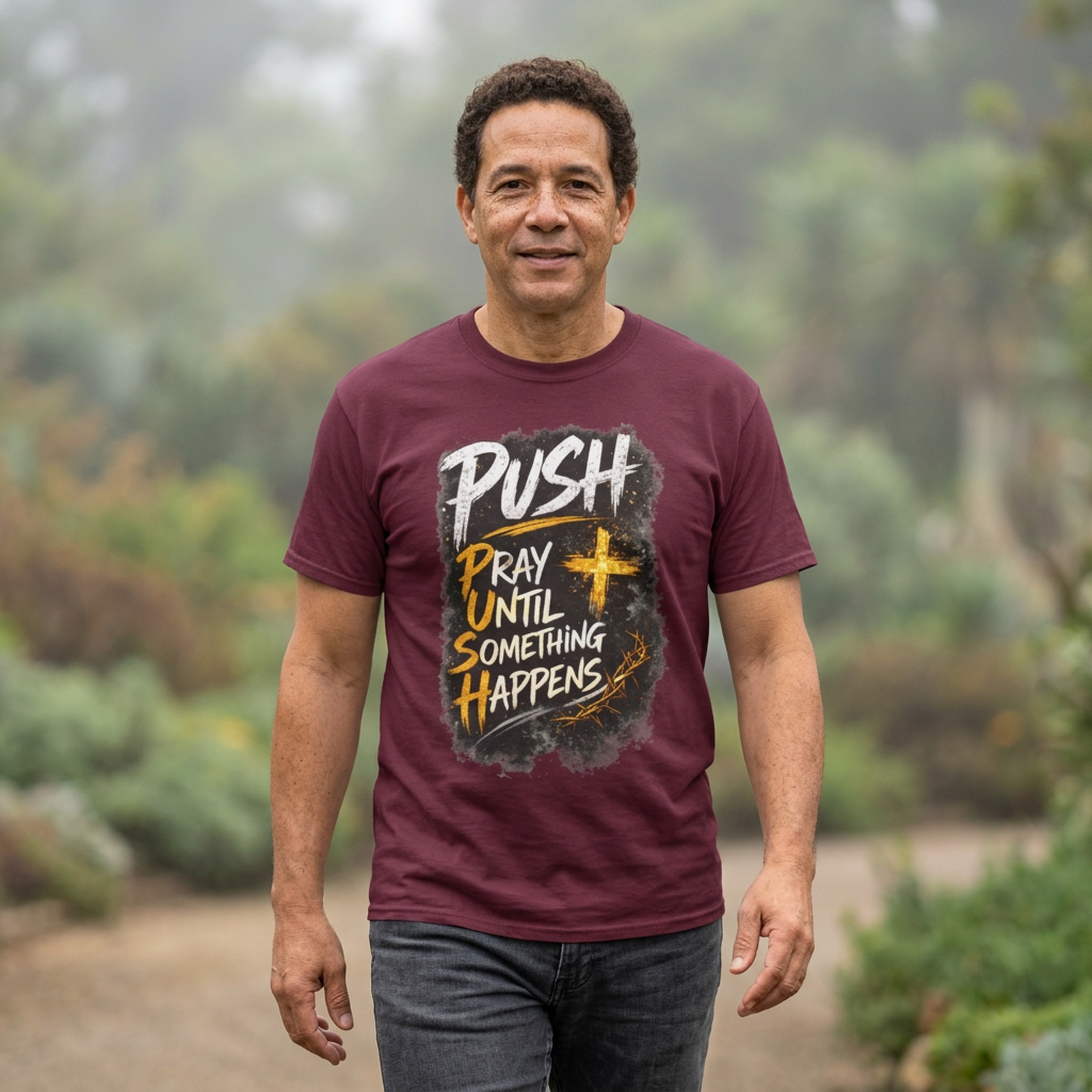 PUSH Pray Until Something Happens Christian T-Shirt - 1