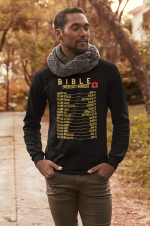 Emergency Bible Numbers Christian T-Shirt - Long Sleeve Gold