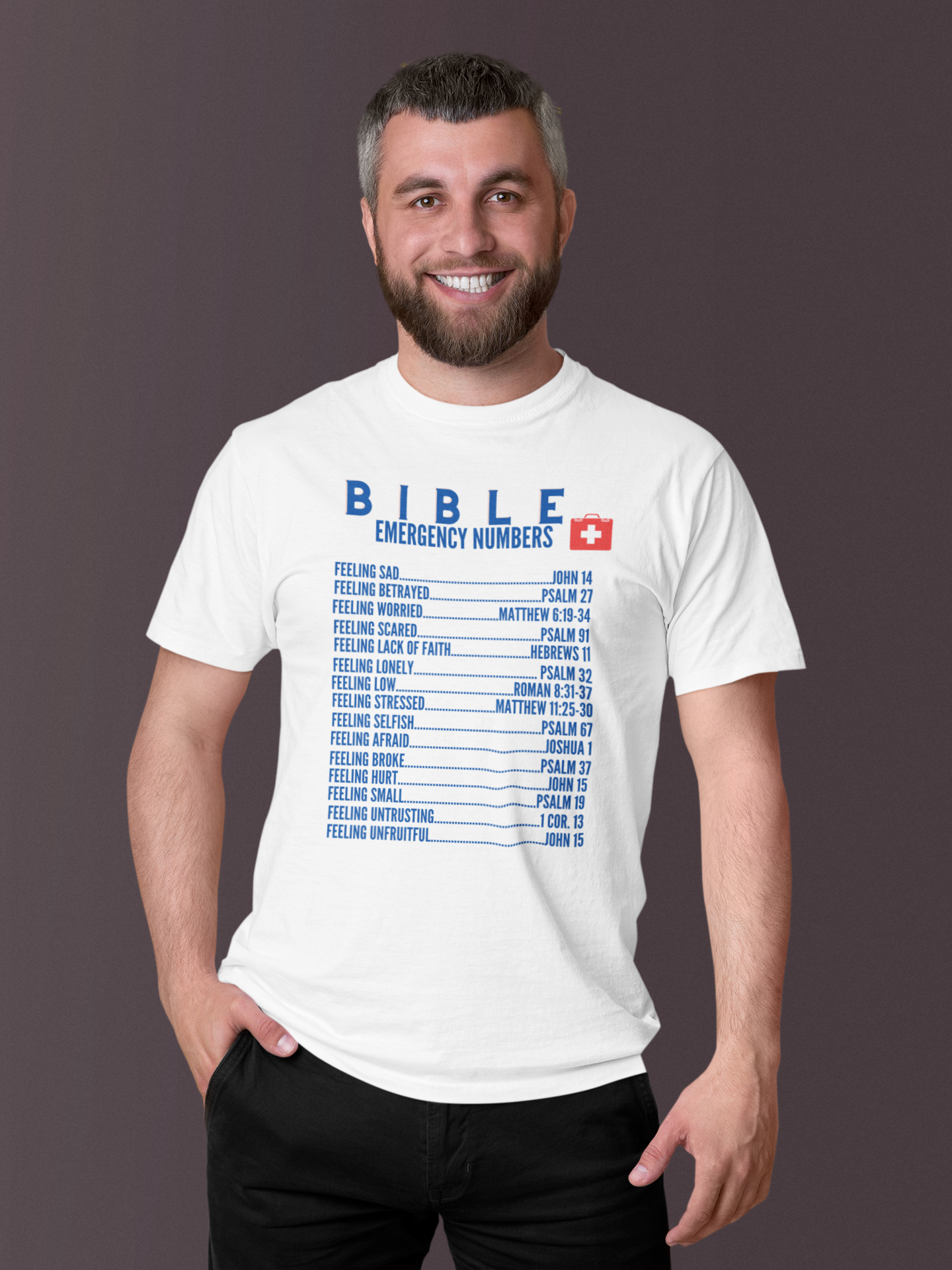 Emergency Bible Numbers Christian T-Shirt - Short Sleeve Blue