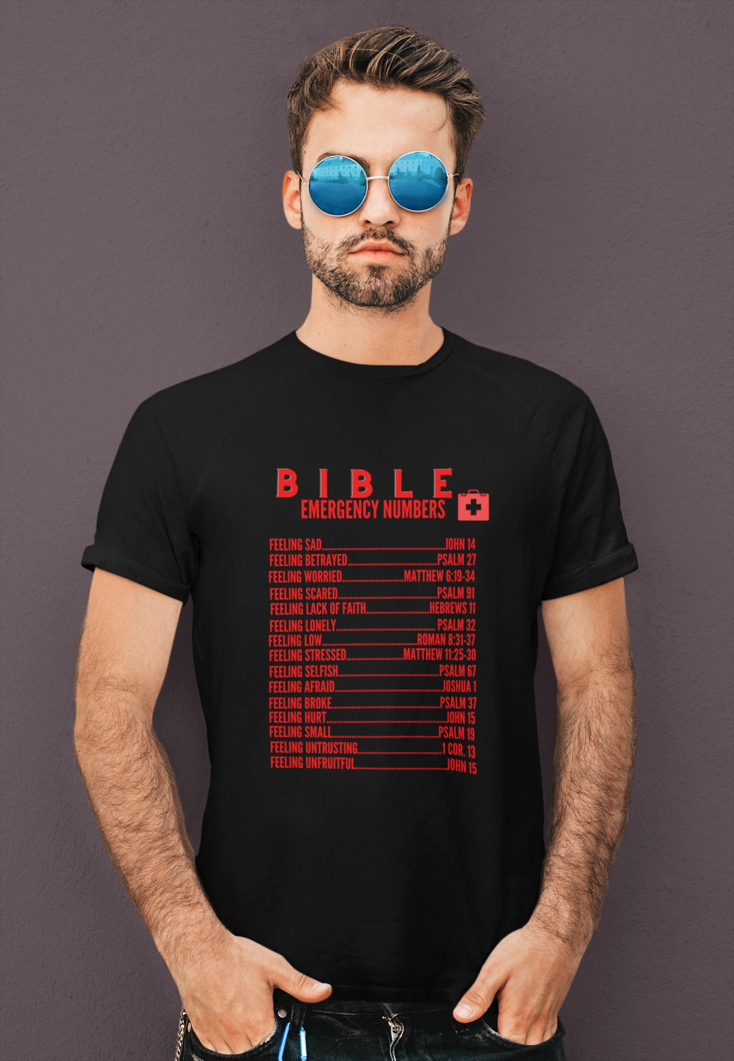 Emergency Bible Numbers Christian T-Shirt - Short Sleeve Red