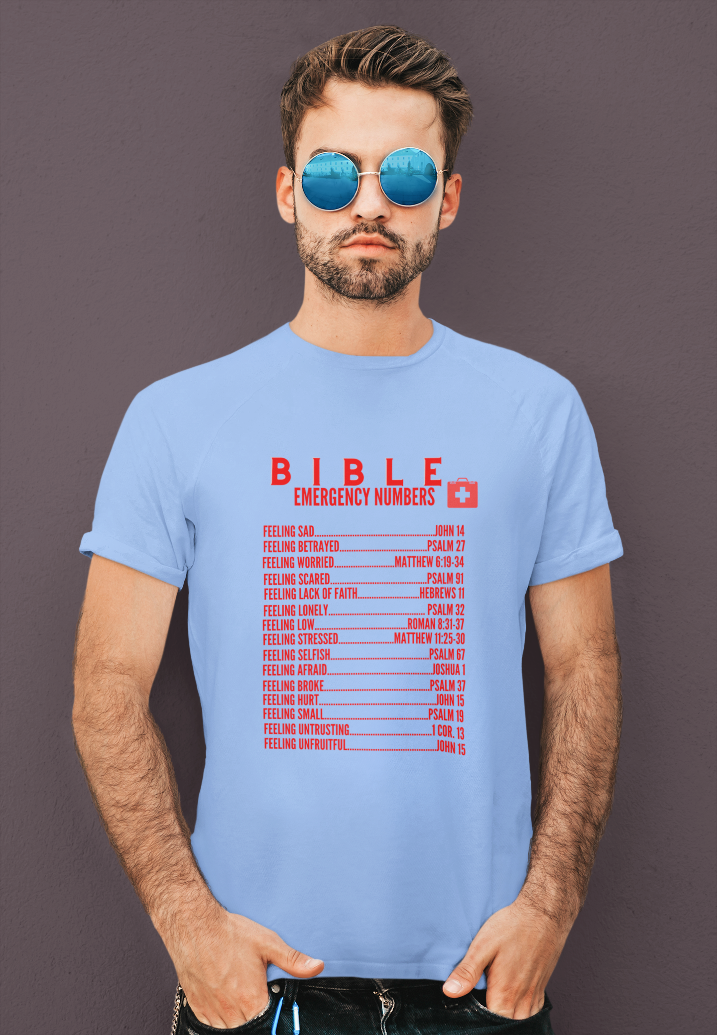 Emergency Bible Numbers Christian T-Shirt - Short Sleeve Red