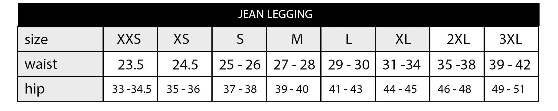Women's jean leggings size chart