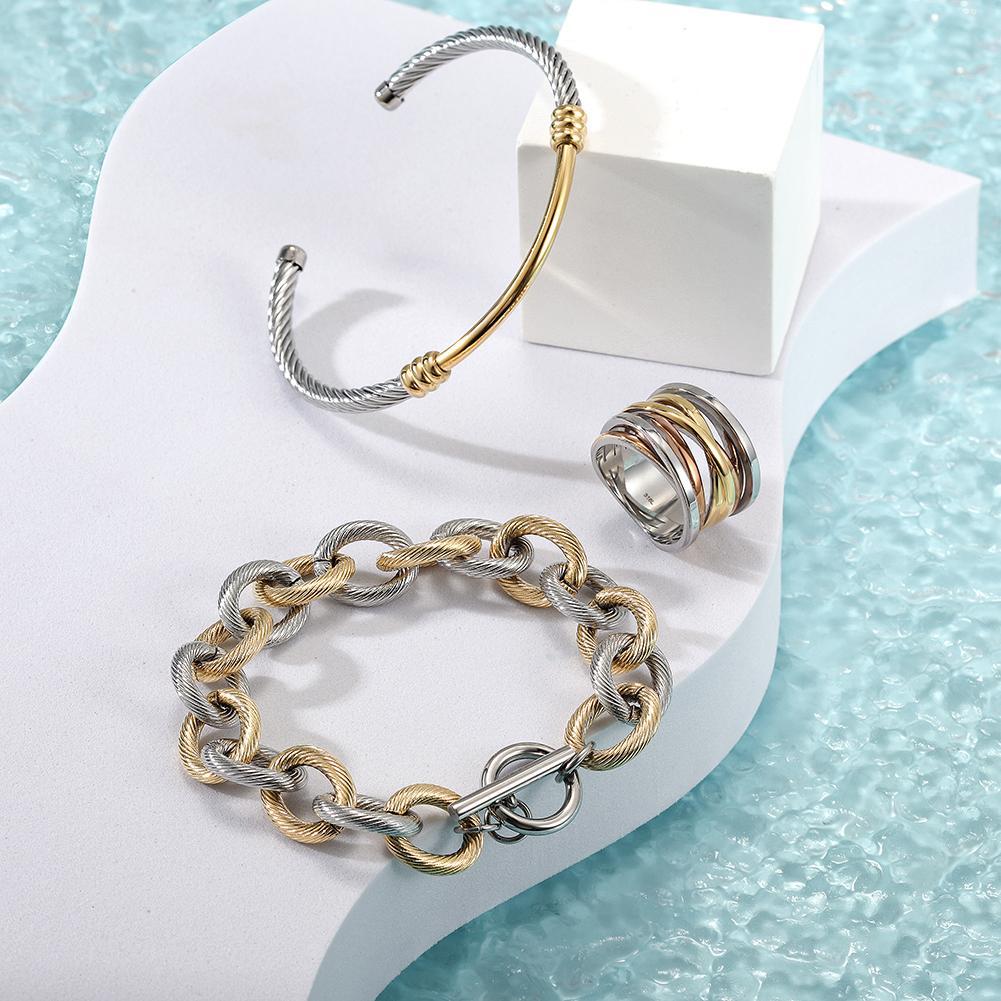 Two tone bangle, bracelet and ring set