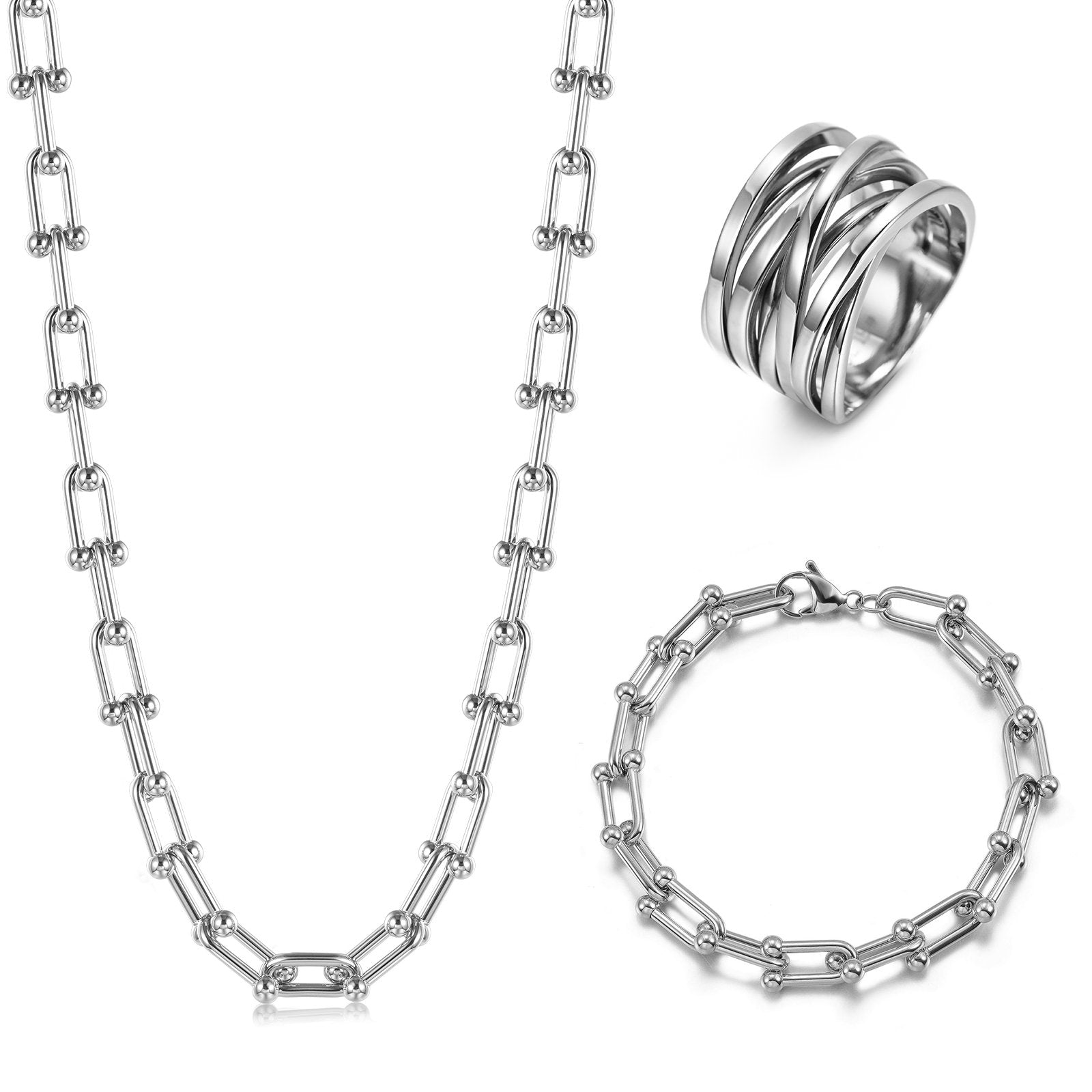 Silver Le Cheval necklace, bracelet and ring set