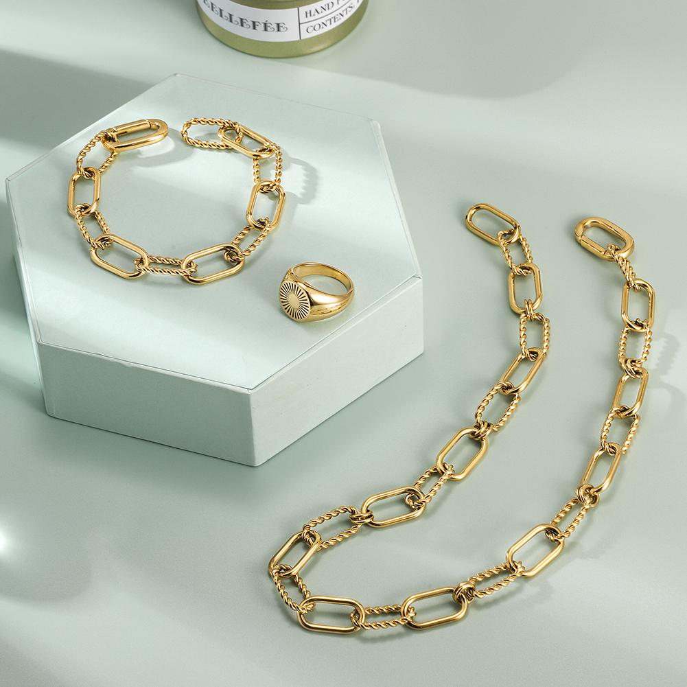 Interlocking gold link necklace, matching bracelet and ring set