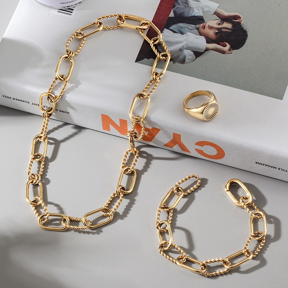 Interlocking gold link necklace, matching bracelet and ring set