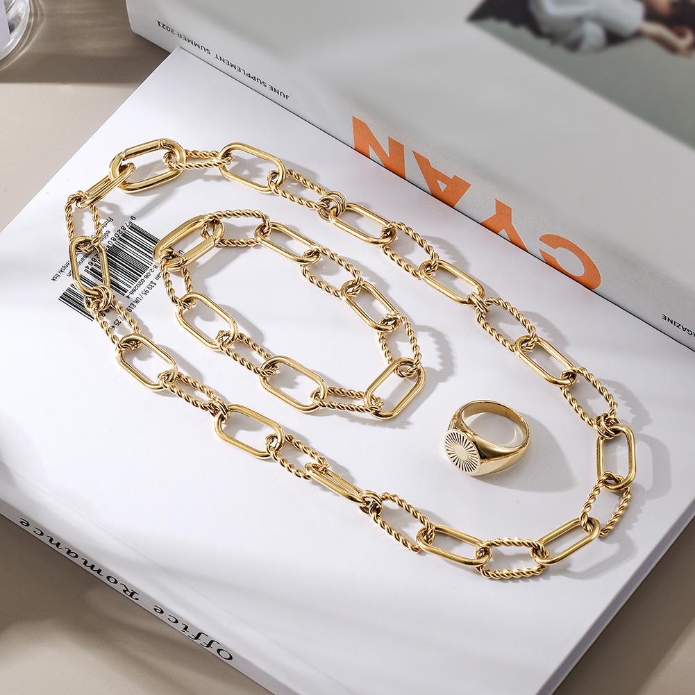 Interlocking gold link necklace, matching bracelet and ring set