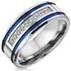 Men's stainless steel CZ blue striped wedding band ring