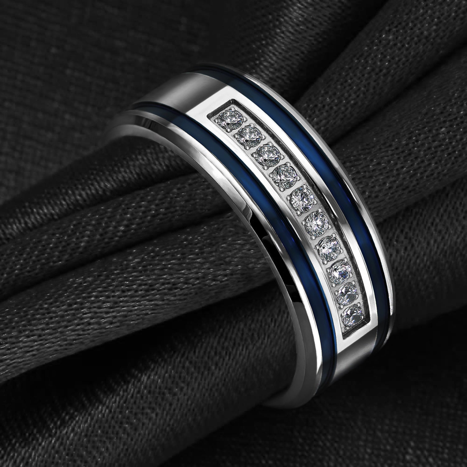 Men's stainless steel CZ blue striped wedding band ring